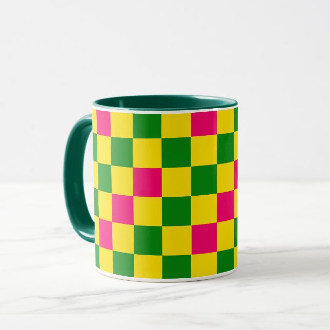 Pink Yellow Green Chequered Pattern Design  Mug (Front Left)
