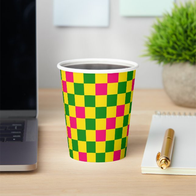 Pink Yellow Green Chequered Pattern Design  Paper Cups (Insitu)