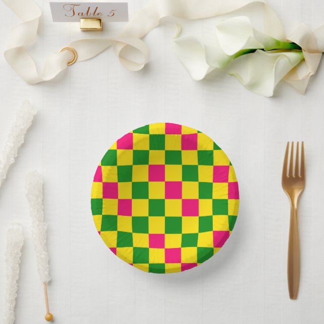 Pink Yellow Green Chequered Pattern Design  Paper Plate (Wedding)
