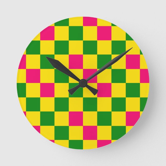 Pink Yellow Green Chequered Pattern Design  Round Clock (Front)