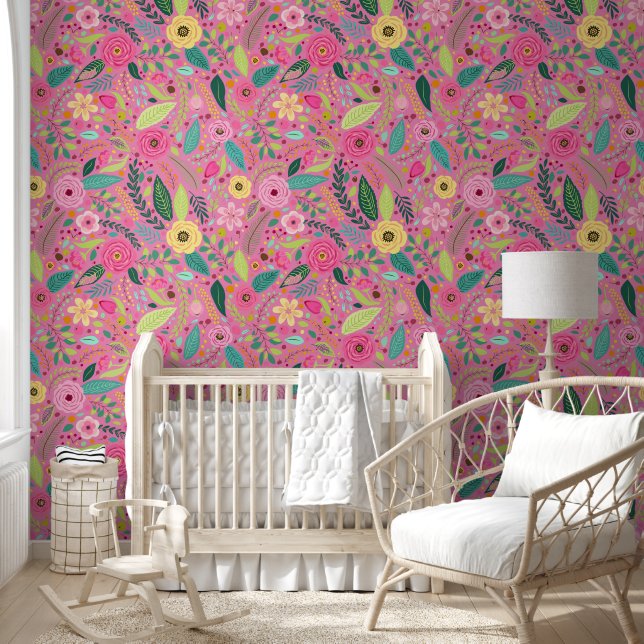 Pink yellow green colour floral peel and stick wallpaper (Kids)