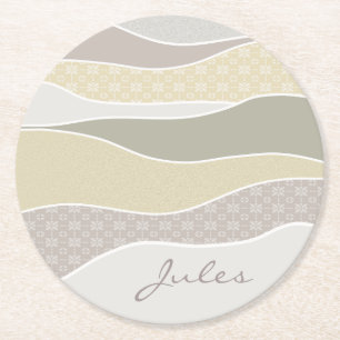 Pink Yellow Green Curved Stripe Abstract Wave Name Round Paper Coaster