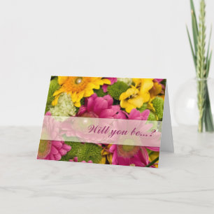 Pink yellow & green Gerbera be my bridesmaid card
