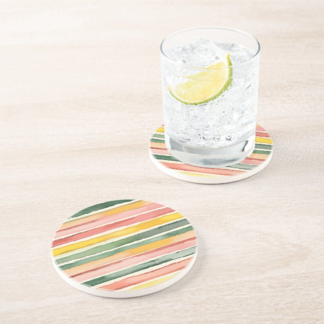 Pink Yellow Green Stripes Coaster (Side)