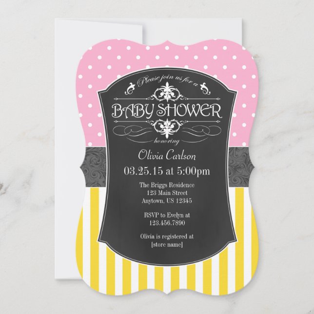 Pink Yellow Grey Chalkboard Stripes Baby Shower Invitation (Front)