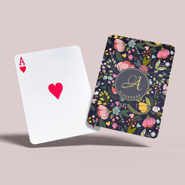 Pink yellow grey floral pattern monogram name playing cards (Creator Uploaded)