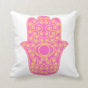 Pink Yellow Hamsa-Hand of Miriam-Hand of Fatima.pn Cushion