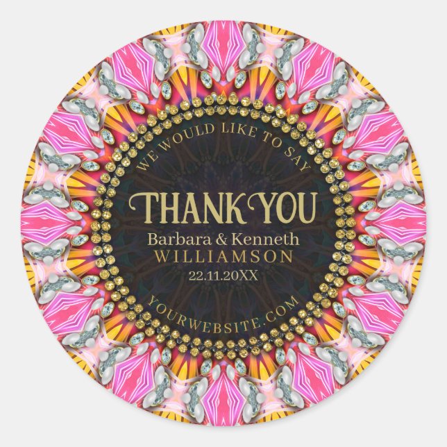 Pink+Yellow Happy Vibe Mandala Thank You Classic Round Sticker (Front)
