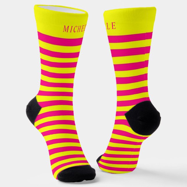 Pink Yellow Horizontal Lines Striped Custom Name  Socks (Angled)