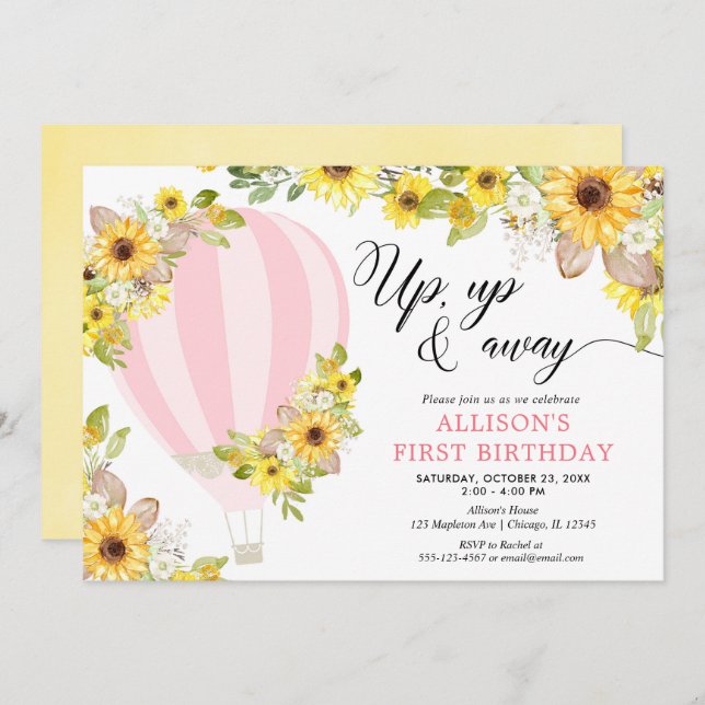 Pink yellow hot air balloon sunflowers birthday invitation (Front/Back)