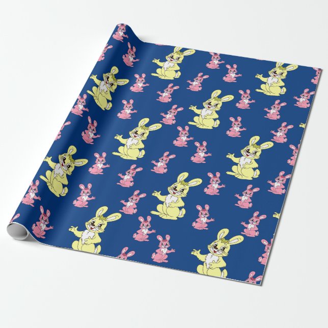 Pink Yellow Kawaii Bunny Rabbit Blue Background Wrapping Paper (Unrolled)