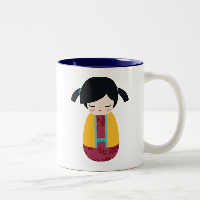 PINK YELLOW Kokeshi Doll Cute Japanese Geisha Girl Two-Tone Coffee Mug (Right)
