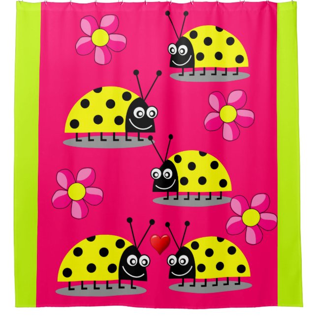 Pink yellow ladybug children's showercurtain shower curtain (Front)