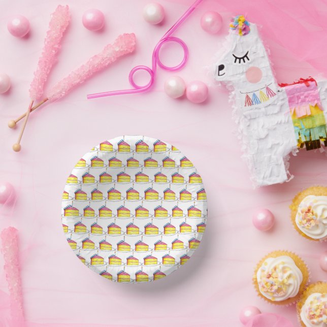 Pink Yellow Layer Happy Birthday Cake Slice Candle Paper Plate (Party)