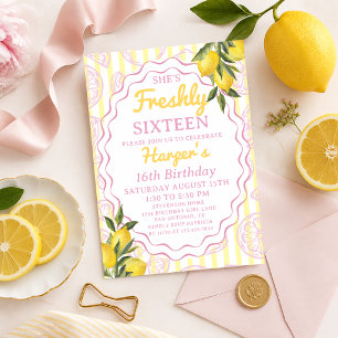 Pink Yellow Lemonade Lemon Freshly Birthday Theme Invitation