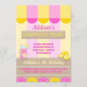 Pink Yellow Lemonade Stand Summer Birthday Party Invitation
