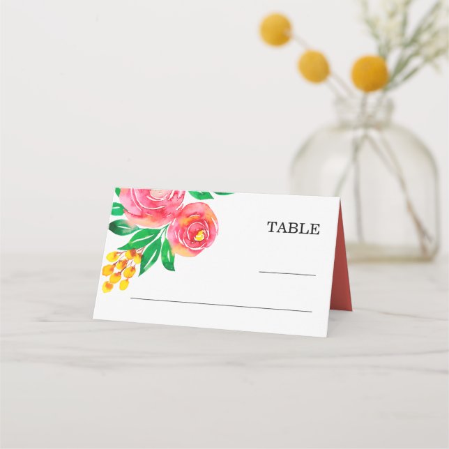 Pink, Yellow, Living Coral Floral Place Cards (Front)