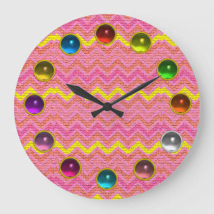PINK YELLOW MOSAIC CHEVRON AND COLORFUL GEMSTONES LARGE CLOCK