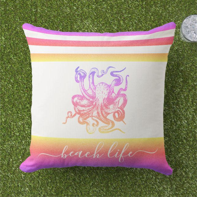 Pink yellow ombre octopus modern beach life script cushion (Grass)