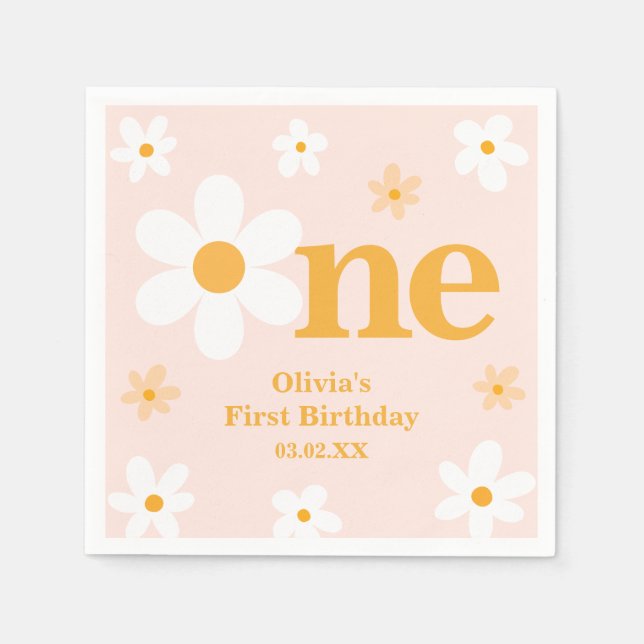 Pink Yellow One Daisy 1st Birthday Girl Napkin (Front)
