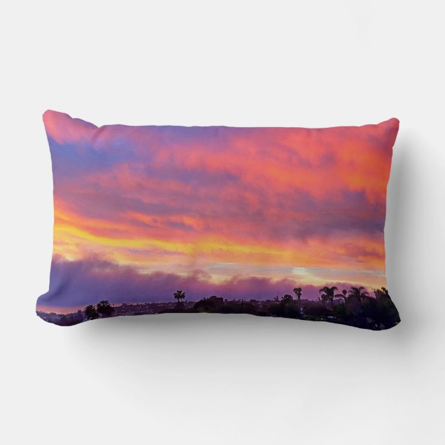 Pink yellow orange blue sunset photo bold coastal lumbar cushion (Front)