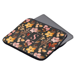 Pink Yellow Orange Floral Black Monogrammed Laptop Sleeve