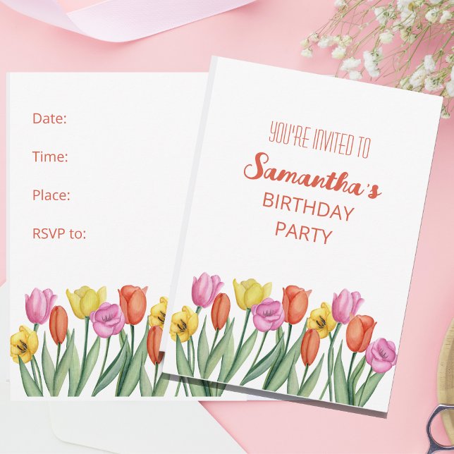 Pink Yellow Orange Floral Tulips Invitation (Creator Uploaded)