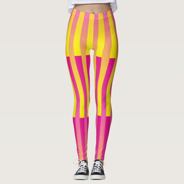 Pink Yellow Orange Striped Pattern Leggings (Front)
