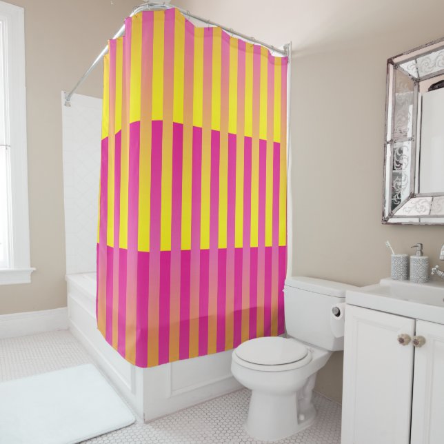 Pink Yellow Orange Striped Pattern Shower Curtain (In Situ)