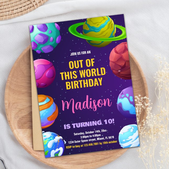 Pink Yellow Outer Space Birthday Invitations (Pink Yellow Outer Space Birthday Invitations)