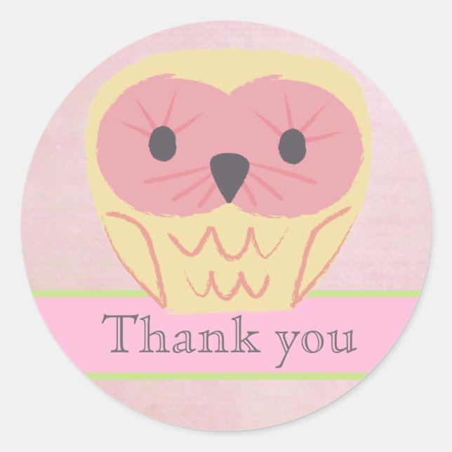 Pink & Yellow Owl Thank You Label Sticker (Front)