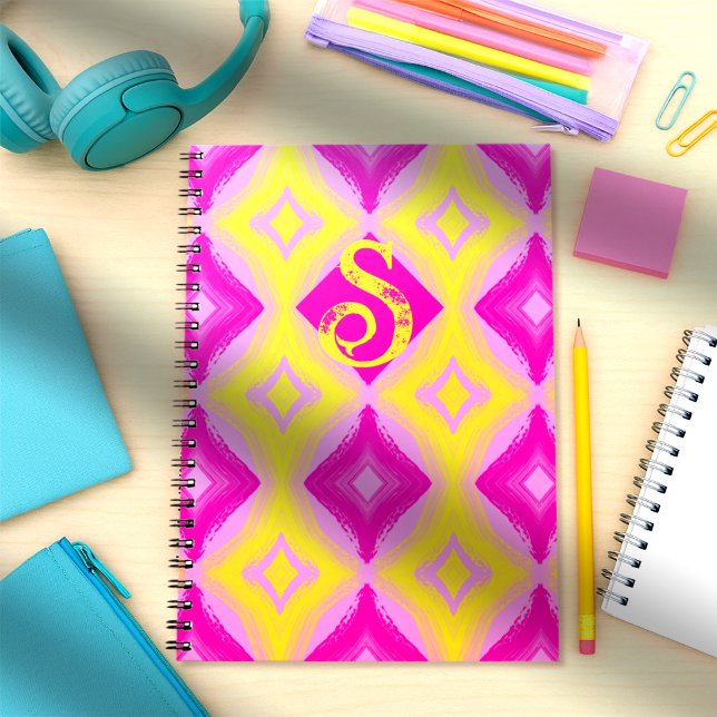 Pink, Yellow Painted Diamond Spiral Photo Notebook (Retro revival with a personal twist. Bright hand painted diamonds just for you.)