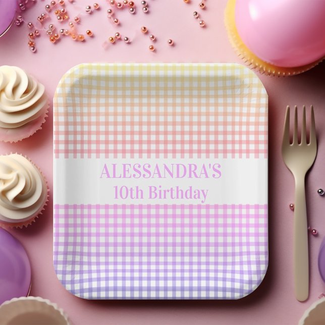 Pink Yellow Pastel Gradient Gingham Birthday Paper Plate (Creator Uploaded)