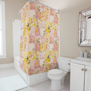 Pink Yellow Patchwork Quilt Rustic Floral Retro Shower Curtain
