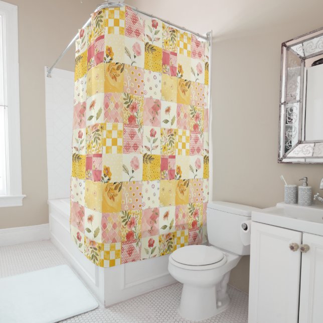 Pink Yellow Patchwork Quilt Rustic Floral Retro  Shower Curtain (In Situ)