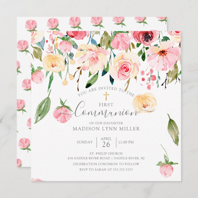Pink Yellow Peonies Rose Floral Communion Invitation (Front/Back)