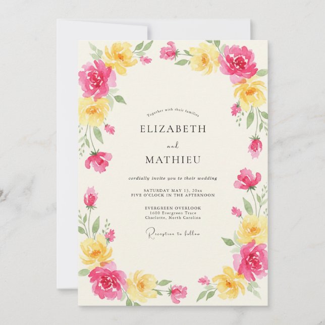 Pink Yellow Peony Wedding Invitation (Front)