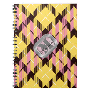Pink Yellow Plaid Tartan Metallic Steel Monogram Notebook