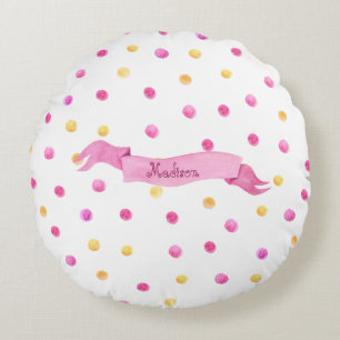 Pink & Yellow Polka Dot Name Banner Girly Cute Round Cushion