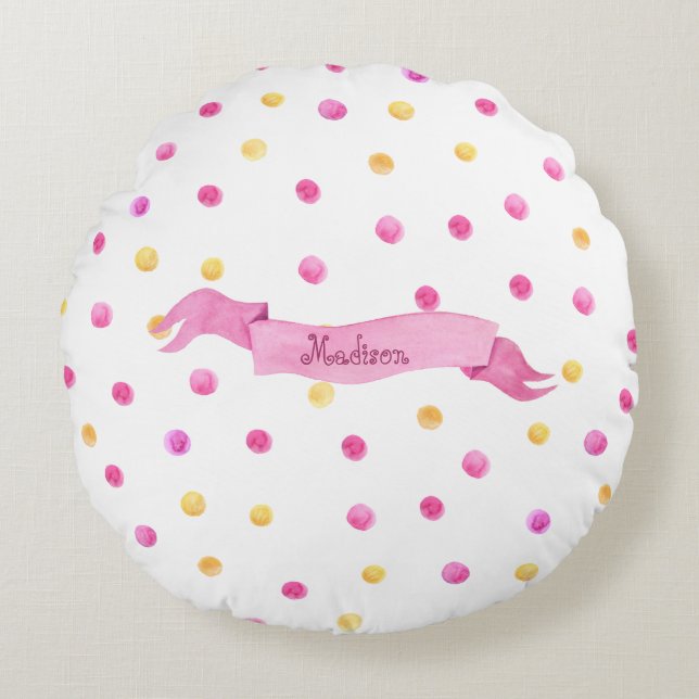 Pink & Yellow Polka Dot Name Banner Girly Cute Round Cushion (Front)
