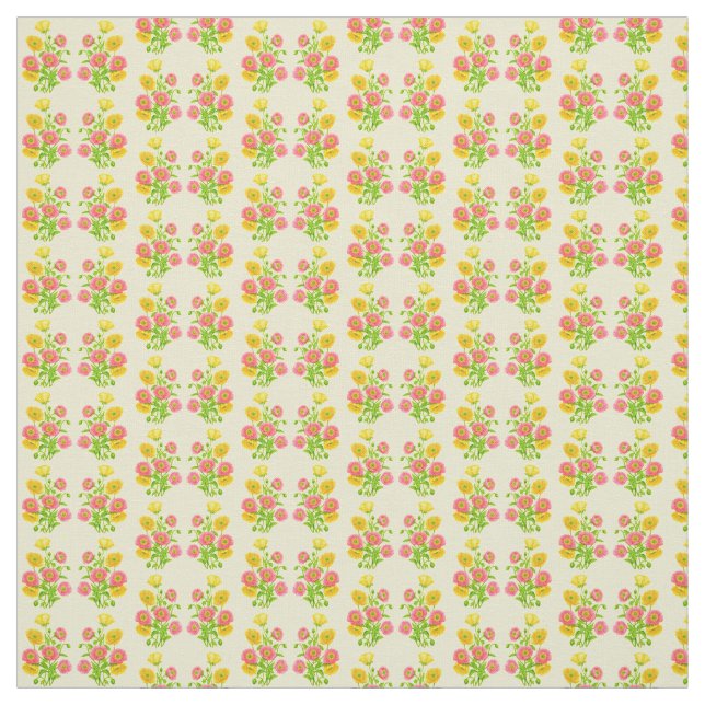 Pink Yellow Poppy Flowers Fabric (Swatch)