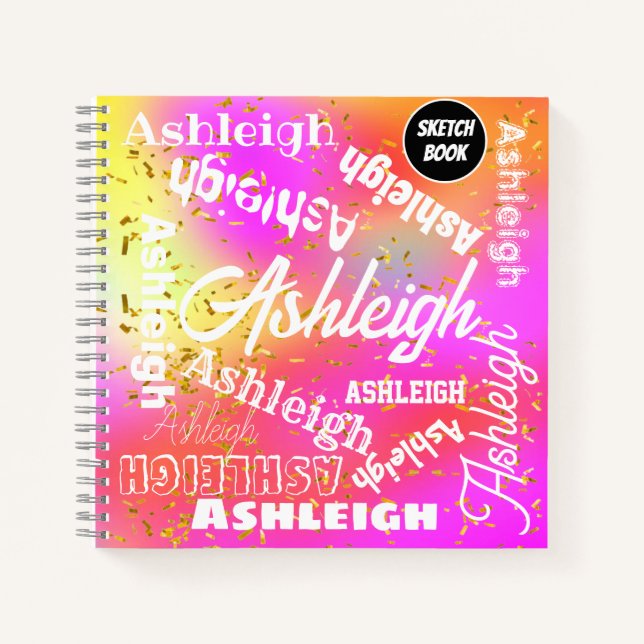 Pink, Yellow, Purple, Personalised Word Art Name Notebook (Front)