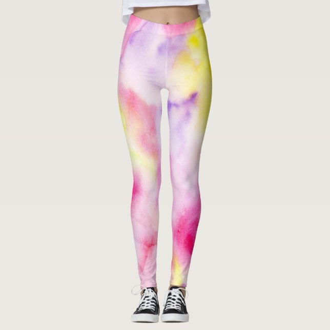 Pink Yellow Purple Tie Dye Peace Leggings (Front)
