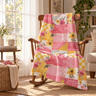 Pink Yellow Quilt Patchwork Gingham Cottagecore Fleece Blanket