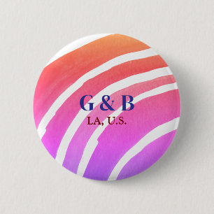 Pink yellow rainbow add couple name place city wed 6 cm round badge