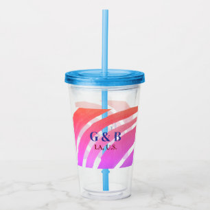 Pink yellow rainbow add couple name place city wed acrylic tumbler