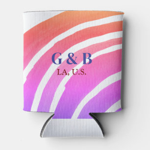 Pink yellow rainbow add couple name place city wed can cooler