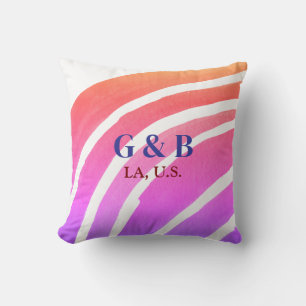Pink yellow rainbow add couple name place city wed cushion