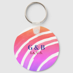 Pink yellow rainbow add couple name place city wed key ring