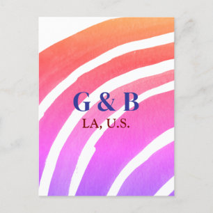 Pink yellow rainbow add couple name place city wed postcard